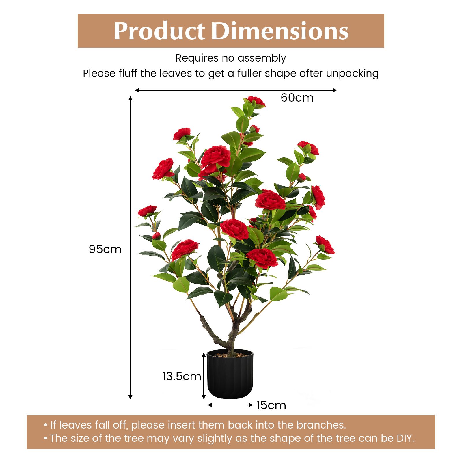 95cm Artificial Camellia Tree with Flowers and Rain-Flower Pebbles Red 1-Pack